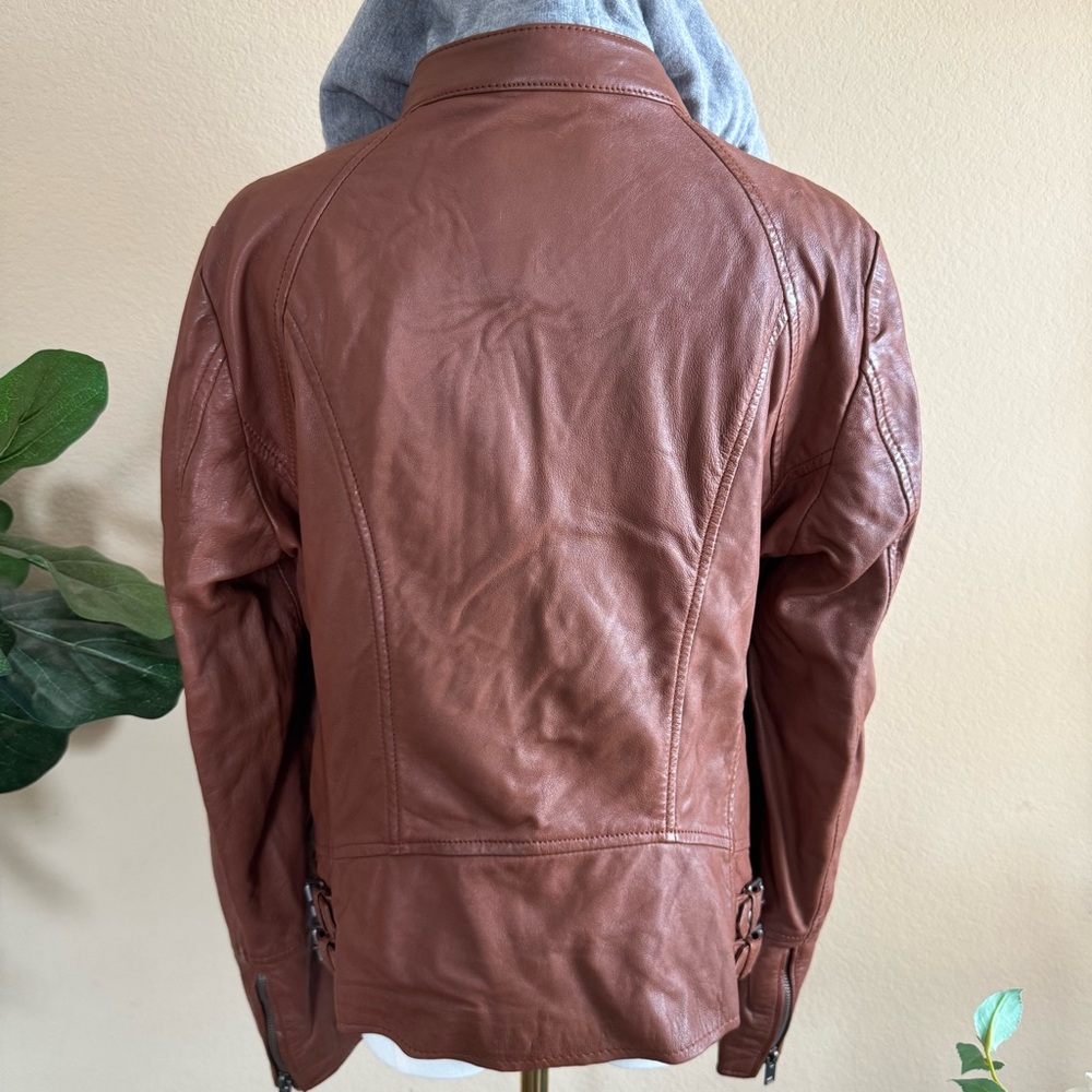 Mauritius Cognac Lamb Leather Moto Jacket Women’s XL Removable Gray Hood - Picture 6 of 16